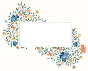 Fototapeta na wymiar Delicate Chintz Romantic Meadow Wildflowers Vector Rectangular Frame. Cottagecore Garden Flowers and Foliage Print. Homestead Bouquet. Farmhouse Wedding Invitation Card
