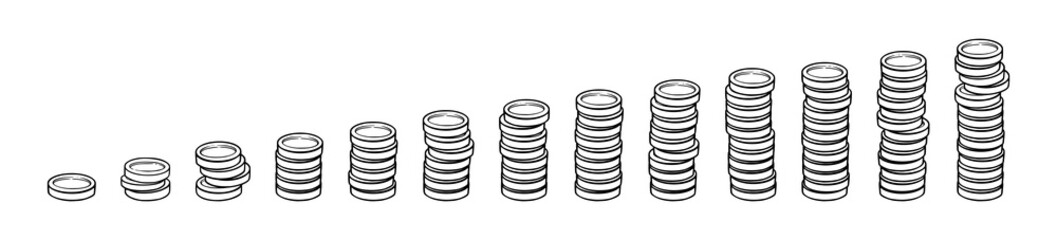 Coin tower graph for investmet charts and bank interest profit growth. Set with coin stacks and towers. Vector illustration isolated in white background
