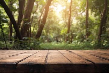 serene wooden deck surrounded by lush trees and plants in a forest. Generative AI