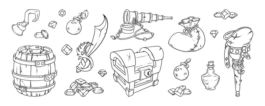 Pirate items set. Treasure chest, rum burrel, sack with coins and other pirate belongings. Sketch vector illustration isolated on white background