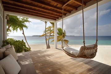 luxury house veranda with hanging swing and beach view - obrazy, fototapety, plakaty