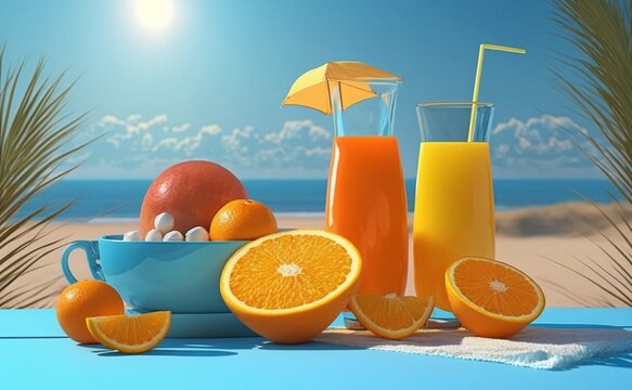 orange juice with fruit on wooden table with beach and hot sun as background. summer photo concept. generative AI