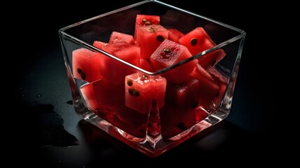 Fresh red Watermelon Cubes in Glass Bowl on Black Background with drops of water.summer fruits. Generative ai