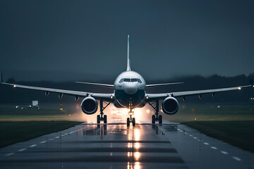 Fototapeta na wymiar View of airplane on airport runway under dramatic sky. Generative Ai.