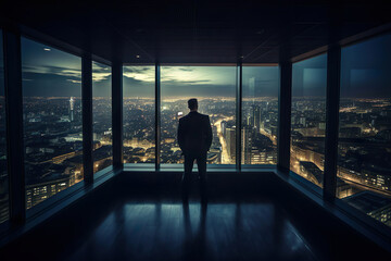 Fototapeta na wymiar Businessman looking at city through window. Generative Ai.