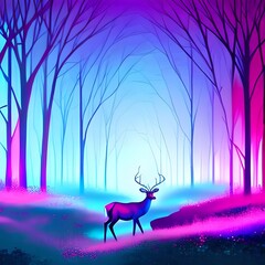 illustration painting of deer walking across the neon forest. Luxurious abstract art digital painting for wallpaper