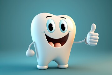 A tooth with a thumbs up on a blue background. Generative AI