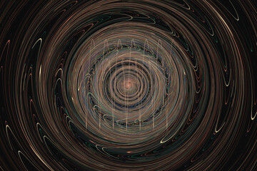 Brown round swirling pattern of crooked waves on a black background. Abstract fractal 3D rendering