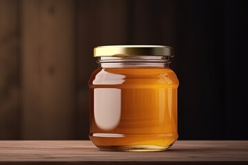 Honey in a jar on a wooden tableng. Generative AI