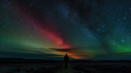 A lone man wait for the aurora borealis over a mountain range - Generative AI