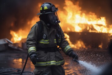 Firefighter battling a blaze with water. The image conveys a sense of courage, bravery, and the importance of public safety Generative AI