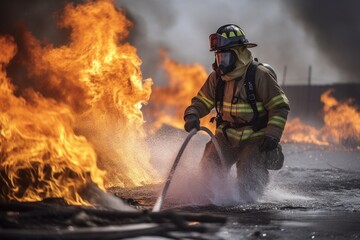 Firefighter battling a blaze with water. The image conveys a sense of courage, bravery, and the importance of public safety Generative AI