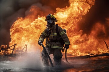 Firefighter battling a blaze with water. The image conveys a sense of courage, bravery, and the importance of public safety Generative AI