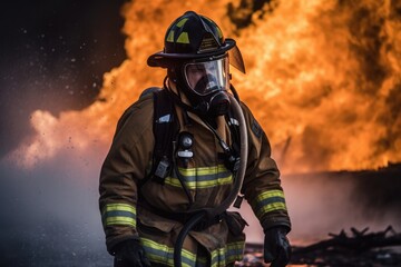 Naklejka premium Firefighter battling a blaze with water. The image conveys a sense of courage, bravery, and the importance of public safety Generative AI