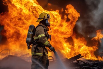 Obraz premium Firefighter battling a blaze with water. The image conveys a sense of courage, bravery, and the importance of public safety Generative AI