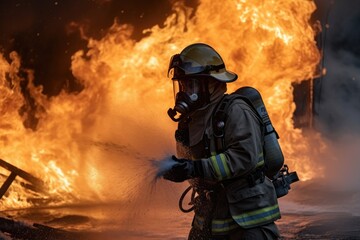 Firefighter battling a blaze with water. The image conveys a sense of courage, bravery, and the importance of public safety Generative AI