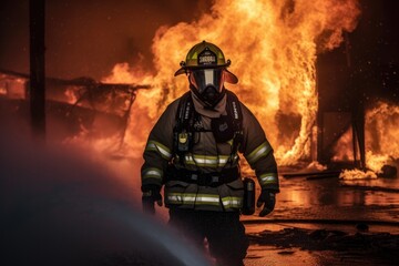 Naklejka premium Firefighter battling a blaze with water. The image conveys a sense of courage, bravery, and the importance of public safety Generative AI