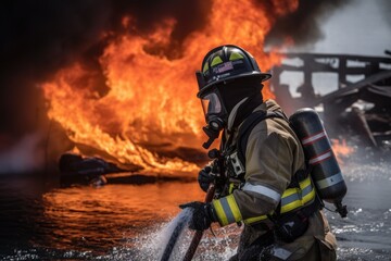 Naklejka premium Firefighter battling a blaze with water. The image conveys a sense of courage, bravery, and the importance of public safety Generative AI