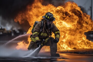 Naklejka premium Firefighter battling a blaze with water. The image conveys a sense of courage, bravery, and the importance of public safety Generative AI