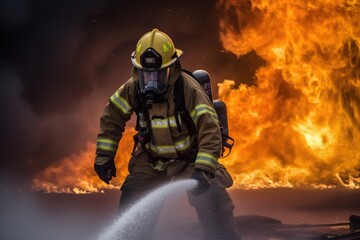 Naklejka premium Firefighter battling a blaze with water. The image conveys a sense of courage, bravery, and the importance of public safety Generative AI