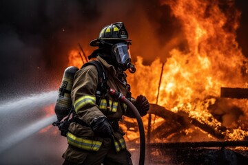 Naklejka premium Firefighter battling a blaze with water. The image conveys a sense of courage, bravery, and the importance of public safety Generative AI