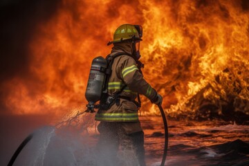 Obraz premium Firefighter battling a blaze with water. The image conveys a sense of courage, bravery, and the importance of public safety Generative AI