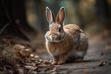 cute rabbit exploring a forest path surrounded by trees and flowers. Generative AI
