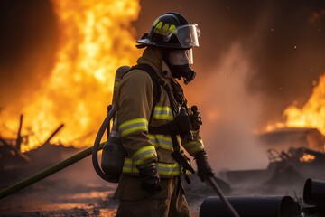 Fototapeta premium Firefighter battling a blaze with water. The image conveys a sense of courage, bravery, and the importance of public safety Generative AI
