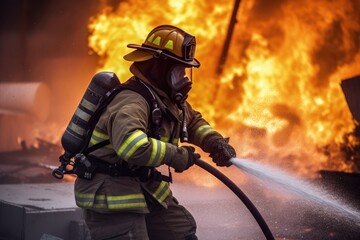 Obraz premium Firefighter battling a blaze with water. The image conveys a sense of courage, bravery, and the importance of public safety Generative AI
