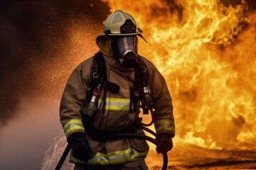 Fototapeta premium Firefighter battling a blaze with water. The image conveys a sense of courage, bravery, and the importance of public safety Generative AI
