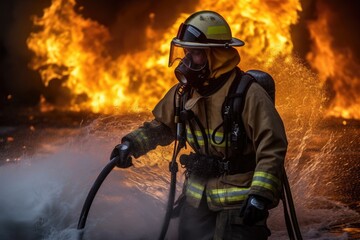 Obraz premium Firefighter battling a blaze with water. The image conveys a sense of courage, bravery, and the importance of public safety Generative AI