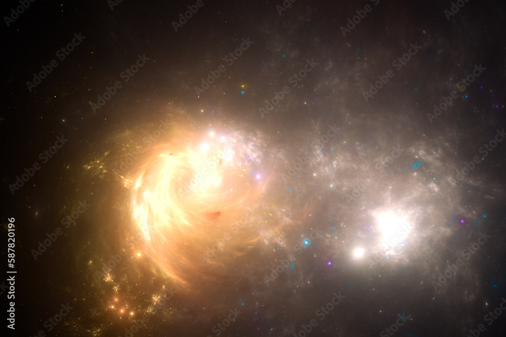 Wall mural yellow clouds of stardust in black space. abstract fractal 3d rendering