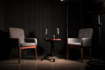 Home studio with two chairs and a microphone. Generative AI