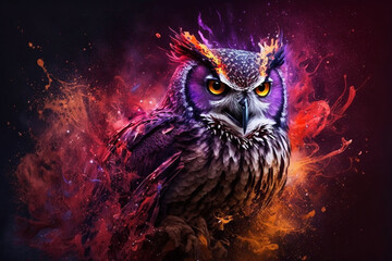 Creative portrait of a wild bird owl with splash of color pink and yellow. Wildlife nature illustration. Ai generated