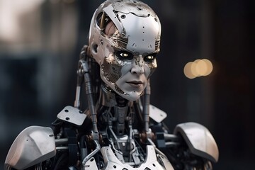 Fototapeta na wymiar Future of the militarism: humanoid robot preparing for the combat, AI Generated
