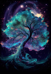 Tree of the universe on cosmic background. Abstract colorful fantasy art. Generative AI  