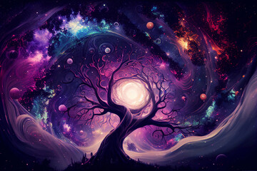Tree of the universe on cosmic background. Abstract colorful fantasy art. Generative AI  