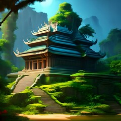 Concept art illustration painting of a beautiful ancient temple in the jungle