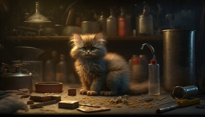 a Kitting on a scientists workbench late at night