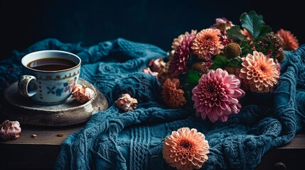 Cup of coffee blanket and flowers on dark blue background Generative AI