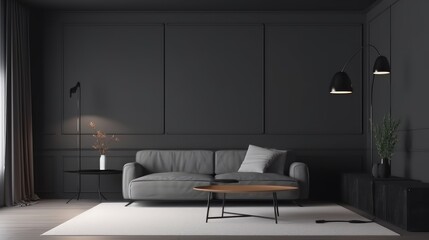 Black minimal interior living room, empty wall art