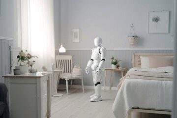 Elegant White Robot Waiting for Tasks in Modern Apartment - AI Generated