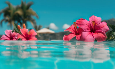 Fototapeta na wymiar Flowers in the pool, luxury vacation concept image created with AI