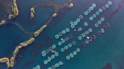 Fresh water fish farms on Fırat River of Turkey in birds eye look.