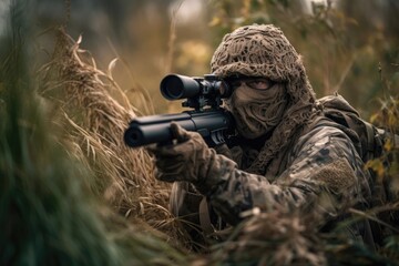 Sniper hidden in the woods taking aim to shoot. The image conveys a sense of danger, stealth, and military tactics Generative AI