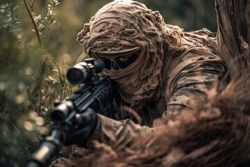Fototapeta na wymiar Sniper hidden in the woods taking aim to shoot. The image conveys a sense of danger, stealth, and military tactics Generative AI