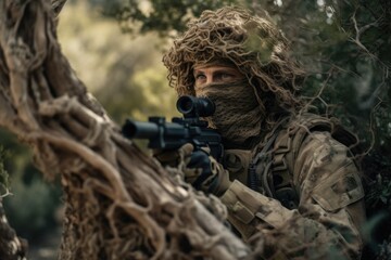 Obraz premium Sniper hidden in the woods taking aim to shoot. The image conveys a sense of danger, stealth, and military tactics Generative AI