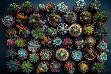 Fototapeta premium Top view of many mini cactus and succulent types. Generative AI