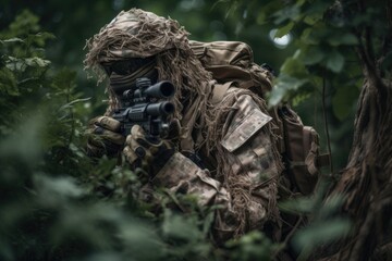 Sniper hidden in the woods taking aim to shoot. The image conveys a sense of danger, stealth, and military tactics Generative AI