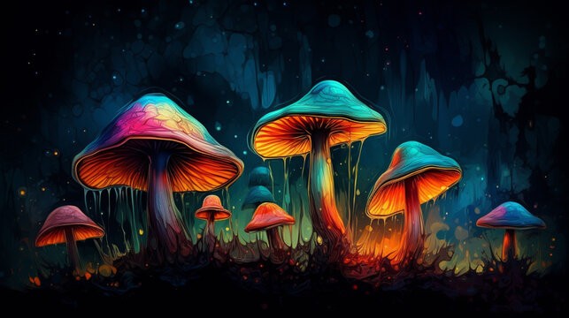 Magic mushrooms in the enchanted forest. Generative AI